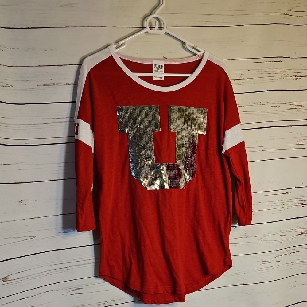 PINK Victoria's Secret Utah Utes Sequin‎ 3/4 Sleeve Shirt Top Womens M